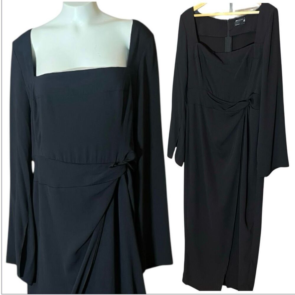 ASOS BLACK Curve Square Neck Flutted Sleeve Knot Detail High Slit Long Maxi Dres